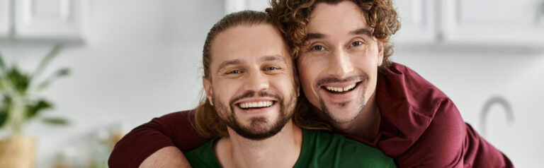 A loving couple shares smiles and warmth in their cozy home.